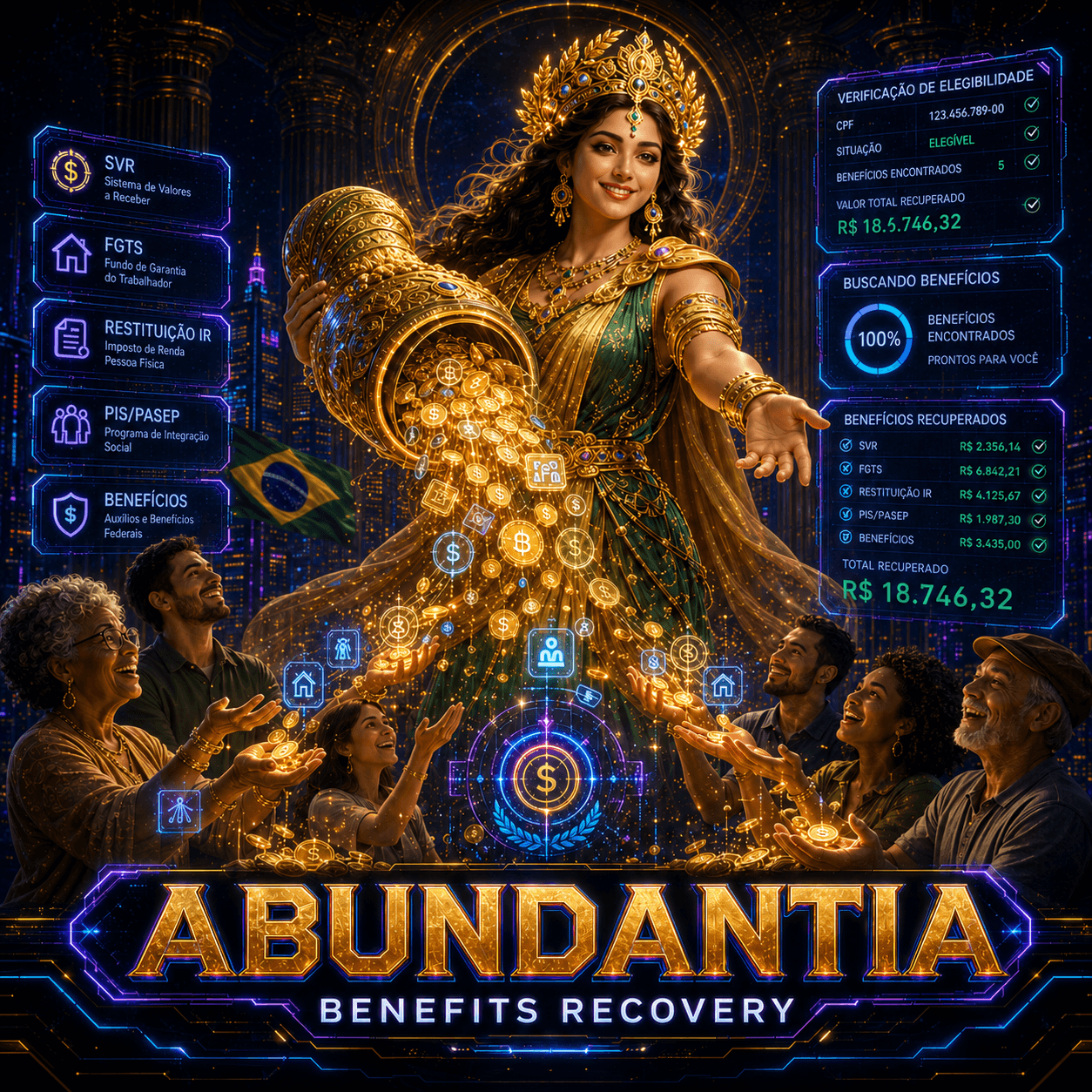 Abundantia — Unclaimed money & benefits recovery for individuals (SVR, IR refund, FGTS, PIS/PASEP, social benefits)