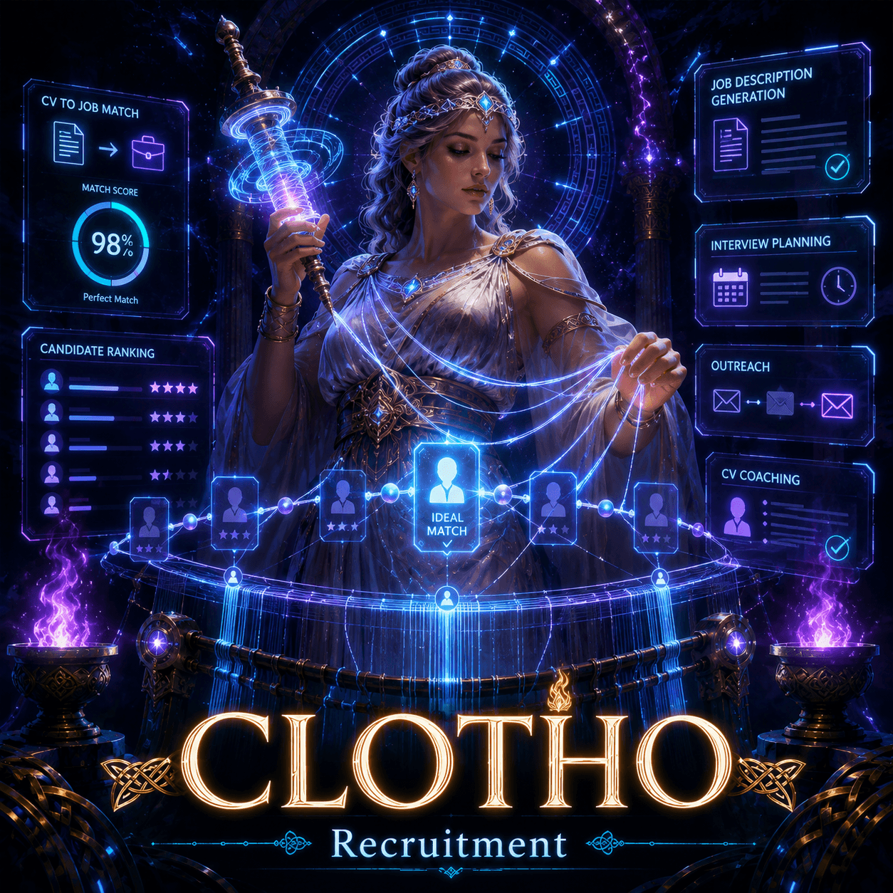 Clotho — CV-to-role matching, candidate ranking, job/interview generation, outreach and CV coaching