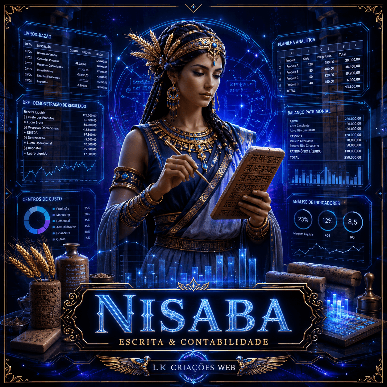 Nisaba — Corporate data, BI and spreadsheets — Looker/Power BI, DRE, cost centers, sellable templates
