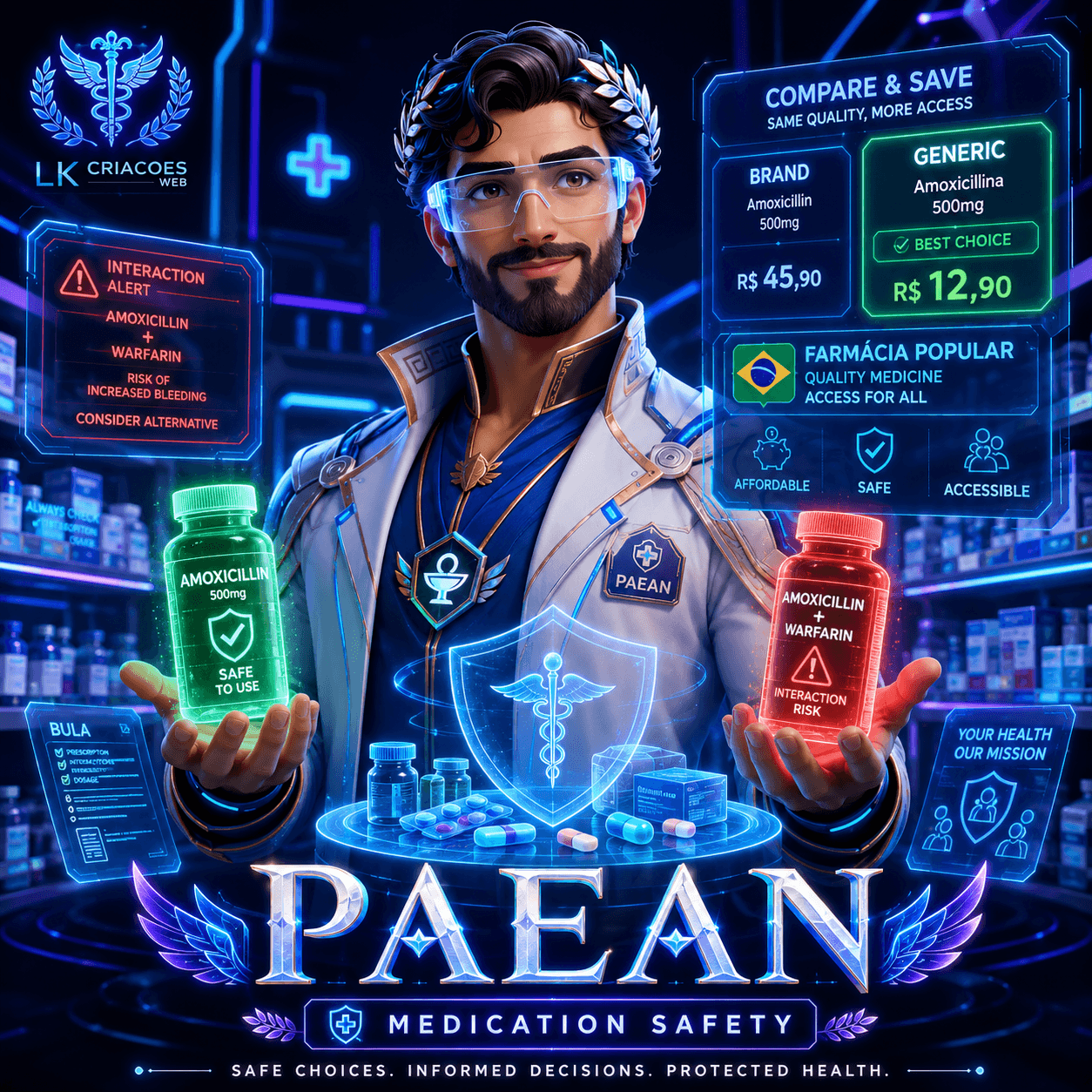 Paean — Consumer medication safety — drug interactions, cheapest generic, Farmácia Popular